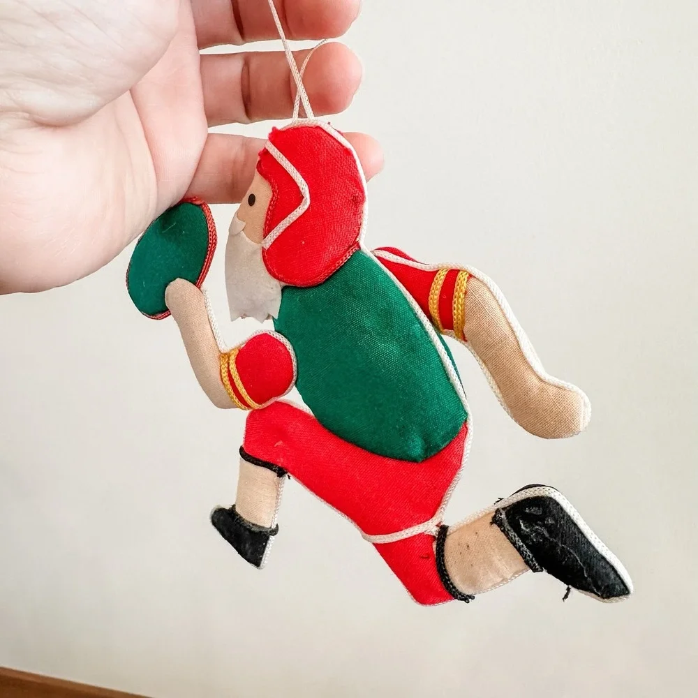 VTG Christmas Ornament Santa Football Player Flat Padded Cardboard 4 1/2